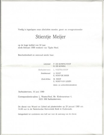 Rouwkaart Stientje Meijer